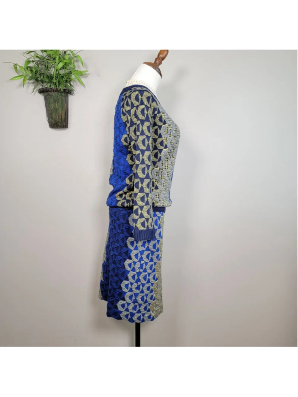 Kerisma Knit Crew Neck Sweater Pencil Midi Skirt Matching Set Blue Geometric S